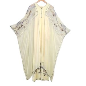 1970s Janice Wainwright Chiffon Cream Embroidered Vintage Caftan Dress